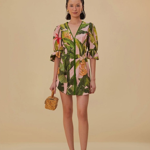 Sold Farm Rio Pink banana leavess v neck mini dress XS - Picture 1 of 7